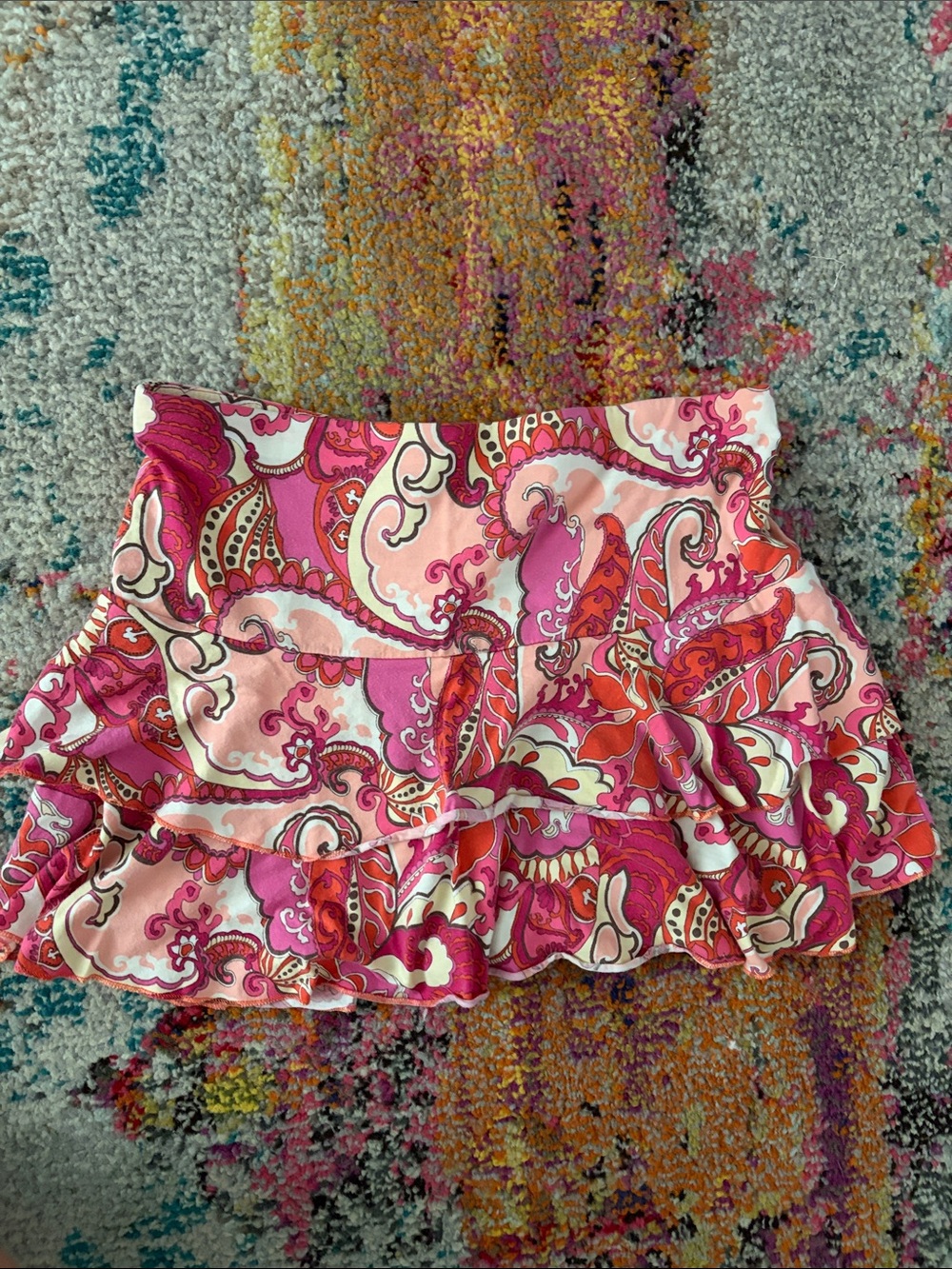 Women's Pink Paisley Ruffle Mini Skirt